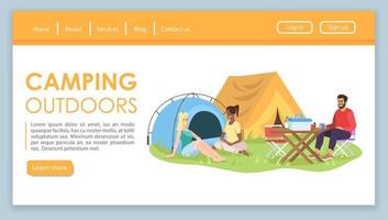 Camping outdoors landing page vector template. Travel bureau website interface idea with flat illustrations. Tourist agency homepage layout. Summer picnic web banner, webpage cartoon concept