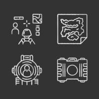 Online game inventory chalk icons set. Esports, cybersports. Battle royale. Computer, video game equipment. Map, container, shooting aim, 3d shooter. Isolated vector chalkboard illustrations