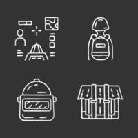 Online game inventory chalk icons set. Esports. Computer game equipment. Safety helmet, package, container, shooter from first person, tactical backpack. Isolated vector chalkboard illustrations