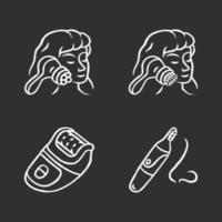 Beauty devices chalk icons set. Face massager, cleaning brush, epilator and nose hair trimmer. Cosmetology instruments. Skin care. Beauty electric tools. Isolated vector chalkboard illustrations