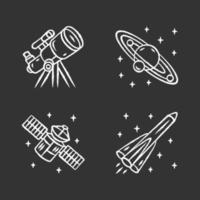 Astronomy chalk icons set. Space exploration. Telescope, Solar System, artificial satellite, rocket. Astrophysics. Space research, observation. Cosmic mission. Isolated vector chalkboard illustrations