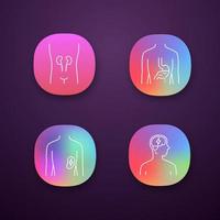 Ill human organs app icons set. Sore kidneys and spleen. Aching stomach. Unhealthy brain. Sick internal body parts. UI UX user interface. Web or mobile applications. Vector isolated illustrations