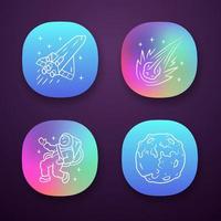 Astronomy app icons set. Space exploration. Moon, spaceship, comet, astronaut. Astrophysics. Galaxy research. UI UX user interface. Web or mobile applications. Vector isolated illustrations