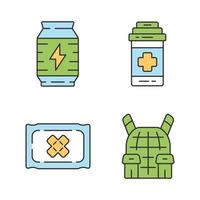 Online game inventory color icons set. Esports, cybersports. Battle royale. Computer game equipment. Energy drink, medical bandage, painkiller, body armor. Isolated vector illustrations