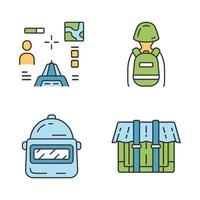 Online game inventory color icons set. Esports. Computer game equipment. Safety helmet, package, container, shooter from first person, tactical backpack. Isolated vector illustrations