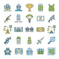 Online game inventory color icons set. Shooter from first person. Online multiplayer battle royale. Esports, cybersports equipment. Computer, video game tools. Isolated vector illustrations