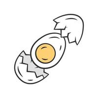 Egg color icon. Salad, breakfast dish ingredient. High protein and cholesterol diet product. Hard boiled chicken egg white and yolk half with broken eggshell isolated vector illustration