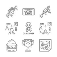 Online game linear icons set. Weapon, gun, 3d and from first person shooter, game over, map, trophy, helmet, mobile game. Thin line contour symbols. Isolated outline illustrations. Editable stroke