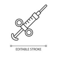 Adrenaline syringe linear icon. Game treatment, cure. Medical aid, injection to player. Drugs, insulin, immunization. Thin line illustration. Contour vector isolated outline drawing. Editable stroke