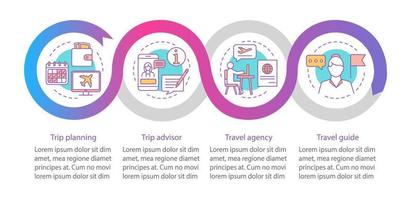 plantilla de infografía vectorial itinerante. agencia de viajes. elementos de diseño de presentación de negocios. visualización de datos con cuatro pasos y opciones. gráfico de línea de tiempo del proceso. diseño de flujo de trabajo con iconos lineales vector