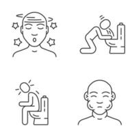 Food poisoning, allergic reaction linear icons set. Seasonal allergy symptoms. Nausea, vomiting, diarrhea thin line contour symbols. Isolated vector outline illustrations. Editable stroke