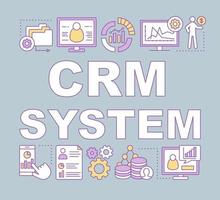 CRM system word concepts banner. Client identity. Customer database. Computer software. Presentation, website. Isolated lettering typography idea with linear icons. Vector outline illustration