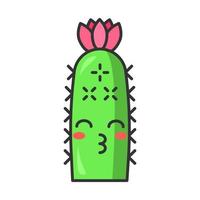 Hedgehog cactus cute kawaii vector character. Cactus with kissing face. Echinopsis with smiling eyes and flower. Wild cacti. Flushed plant. Funny emoji, emoticon. Isolated cartoon color illustration