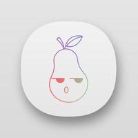 Pear cute kawaii app character. Serious fruit with smiling face. Embarrassed, dissatisfied and sad food. Funny emoji, emoticon. Vector isolated illustration