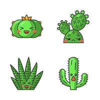 cactus lindos personajes vectoriales kawaii. plantas con caras sonrientes. peyote risueño y cactus cebra. cactus silvestres de tuna sin gracia. emoji divertido, juego de emoticonos. ilustración de color de dibujos animados aislados vector