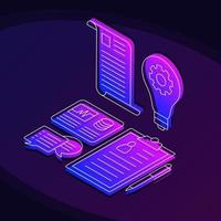 Business plan, solutions isometric color vector illustration. Startup audit, analytics linear icons infographic. Project research 3d concept. Talent management neon web design on purple background