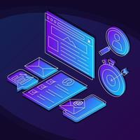 Internet marketing isometric color vector illustration. Search optimization linear icons infographic. SEO strategy. Website ranking 3d concept. Online analytics web design on purple background