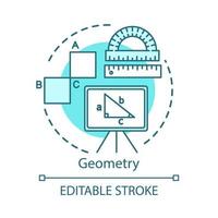 aprendiendo geometría, icono del concepto de útiles escolares. formas geométricas, ángulos de cálculo, ilustración de línea delgada de idea de problema matemático. dibujo de contorno aislado vectorial. trazo editable vector