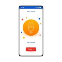 Voice search smartphone interface vector template. Mobile app page white design layout. Speech recognition orange microphone button screen. Flat UI for audio recording application. Mic button display