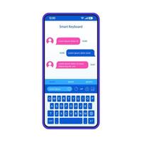 Smart keyboard smartphone interface vector template. Mobile app page white design layout. Instant messaging screen. Flat UI for application. Smart dictionary, predictive text input, t9. Phone display