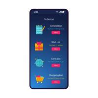 To do list smartphone interface vector template. Mobile app page blue design layout. Wish, shopping, go to lists screen. Flat UI for application. Tasks manager. Add to favorites. Phone display