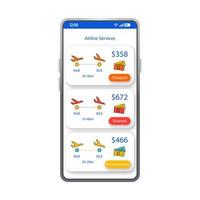 Airline services app smartphone interface vector template. Mobile flight tickets booking app page white design layout. Cheapest, shortest tickets screen. Flat UI last minutes flights application