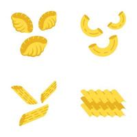 conjunto de iconos de color de sombra larga de diseño plano de fideos de pasta. diferentes macarrones mediterráneos. conchas, codos, penne, láminas de lasaña. cocina tradicional italiana. Ilustraciones de silueta vector