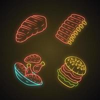 Juego de iconos de luz de neón de platos de carne. bistec, costillas de res, muslos de pollo, hamburguesa. comida rápida. producto de carnicería. restaurante, bar parrilla, menú de asador. signos brillantes. Ilustraciones de vectores aislados