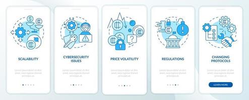 Cryptocurrency disadvantages blue onboarding mobile app screen. Walkthrough 5 steps graphic instructions pages with linear concepts. UI, UX, GUI template vector
