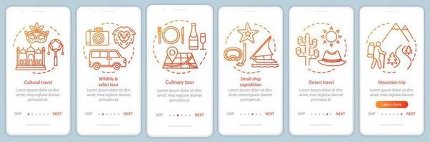 Travel experiences onboarding mobile app page screen with linear concepts. Culinary trip. Six walkthrough steps graphic instructions. Desert travel. UX, UI, GUI vector template with illustrations