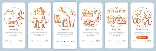 Travel styles onboarding mobile app page screen with linear concepts. Solo trip. Six walkthrough steps graphic instructions. Luxury and multisport tour. UX, UI, GUI vector template with illustrations