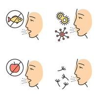 Allergies color icons set. Food, pollen, bacteria intolerance. Allergen sources. Allergic diseases. Hypersensitivity of immune system. Medical problem. Cause of swelling. Isolated vector illustrations