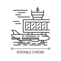 Airport outside linear icon. Plane runway. Airplane landing strip. Aerodrome building. Jet airfield. Aviation. Thin line illustration. Contour symbol. Vector isolated outline drawing. Editable stroke