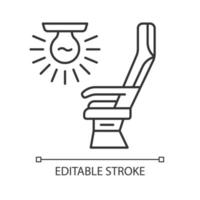 Seat light linear icon. Airplane comfortable seating. Jet illumination. Plane lighting system. Aviation service. Thin illustration. Contour symbol. Vector isolated outline drawing. Editable stroke