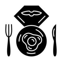 Flight breakfast glyph icon. Fried egg on plate. Airplane food. Cutlery. Plane lunch. Jet menu. Aviation service. Airline facilities. Silhouette symbol. Negative space. Vector isolated illustration