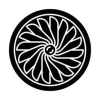 Plane turbine glyph icon. Airplane equipment. Jet propeller. Aeroengine. Aviation. Motor running. Aviation part. Airliner journey. Silhouette symbol. Negative space. Vector isolated illustration
