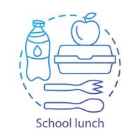 School meal break, lunchtime concept icon. Catering advertising idea thin line illustration. Milk bottle, lunch box, apple, and plastic cutlery vector isolated outline drawing. Canteen nutrition
