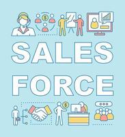 Sales force word concepts banner. CRM system software. Support service. Business management. Presentation, website. Isolated lettering typography idea with linear icons. Vector outline illustration