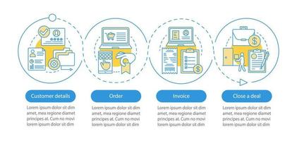 plantilla infográfica vectorial del sistema crm. creación de pedidos y facturas. elementos de diseño de presentación de negocios. visualización de datos, cuatro pasos, opción. gráfico de línea de tiempo del proceso. diseño de flujo de trabajo, iconos lineales vector