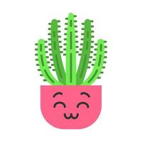 Organ pipe cactus flat design long shadow color icon. Pitahaya with smiling face. Home cacti with smiling eyes. Happy tropical plant in pot. Houseplant. Succulent plant. Vector silhouette illustration