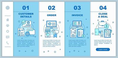 CRM system onboarding mobile web pages vector template. Order and invoice creating. Responsive smartphone website interface idea, linear illustrations. Webpage walkthrough step screens. Color concept