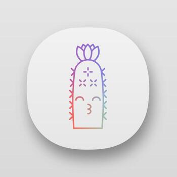 Hedgehog cactus app icon. Cactus with kissing face. Echinopsis with smiling eyes and flower. Wild cacti. Happy plant. UI UX user interface. Web or mobile applications. Vector isolated illustrations