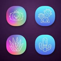 Cactuses app icons set. Plants with smiling faces. Laughing peyote and zebra cactuses. Unamused prickly pear wild cacti. UI UX user interface. Web or mobile applications. Vector isolated illustrations