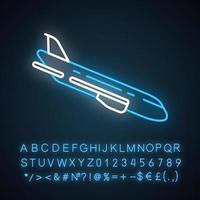 Plane flying down neon light icon. Airplane put-down. Jet lowers altitude. Air terminal. Airliner journey. Glowing sign with alphabet, numbers and symbols. Vector isolated illustration