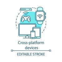 Cross platform devices connection concept icon. Internet of things idea thin line illustration. IOT, wireless technology, smart online network. Vector isolated outline drawing. Editable stroke