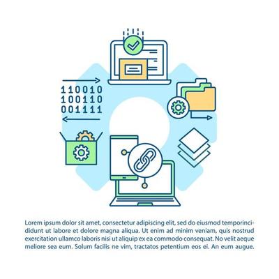 Cross platform programming article page vector template. Software brochure, magazine, booklet design element with linear icons and text boxes. Print design. Concept illustrations with text space