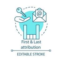 First and Last attribution turquoise concept icon. Attribution modeling types idea thin line illustration. Digital marketing channel. Conversion model. Vector isolated outline drawing. Editable stroke