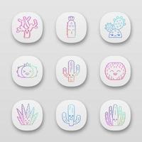 Cactuses app icons set. Plants with smiling faces. Laughing barrel and peyote cactuses. Kissing hedgehog wild cacti. UI UX user interface. Web or mobile applications. Vector isolated illustrations