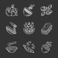 conjunto de iconos de tiza de platos de menú de restaurante. ensaladas, sopa, platos principales. arroz, verduras a la plancha, tortilla, pasta, bocadillo. comida nutritiva. Ilustraciones de vector pizarra