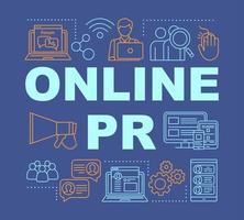 Online PR word concepts banner. Public relations, network. Customers communication. Presentation, website. Isolated lettering typography idea with linear icons. Vector outline illustration